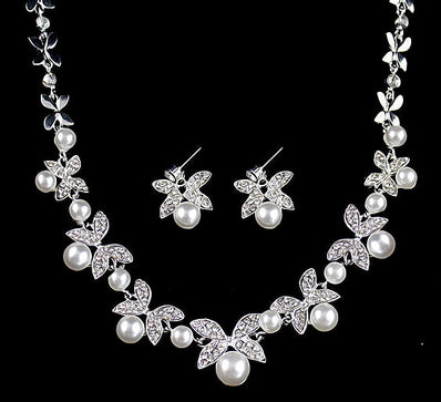 Diamond pearl necklace earrings set